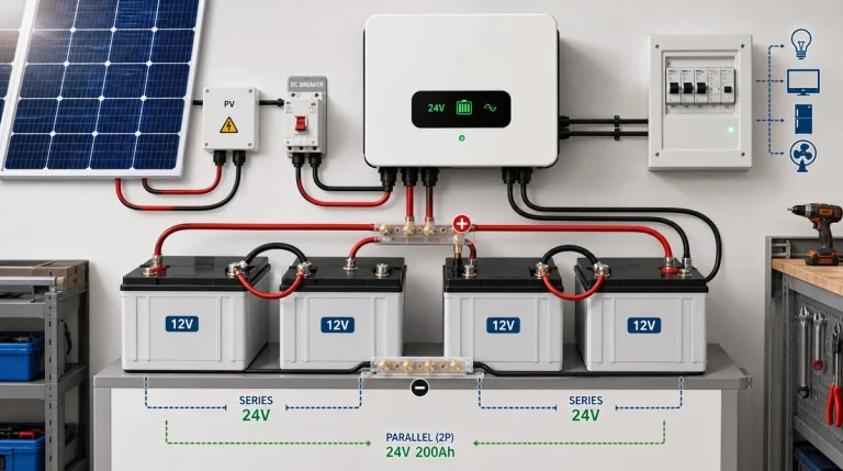 24V solar inverter system with solar panels, DC breakers, four 12V batteries, bus bars, and organized red and black wiring.