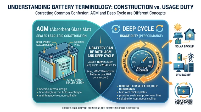 Concept diagram showing AGM as a sealed lead-acid battery construction and deep cycle as repeated charge-discharge duty.