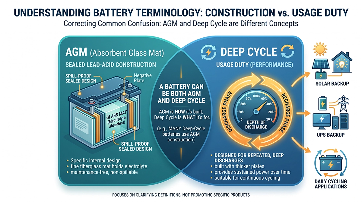 Concept diagram showing AGM as a sealed lead-acid battery construction and deep cycle as repeated charge-discharge duty.