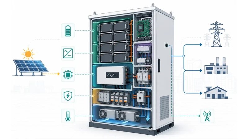 Cutaway concept diagram of an all-in-one energy storage cabinet showing battery modules, power conversion, BMS, protection, cooling, PV input, grid output, load output, and communication paths.