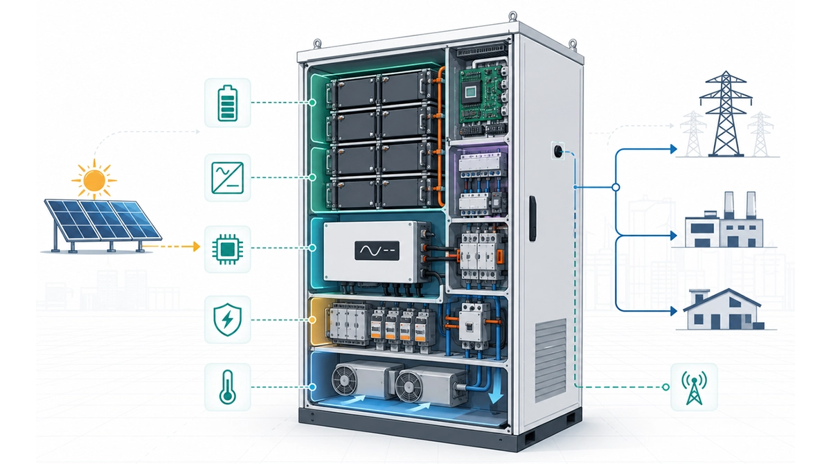 Cutaway concept diagram of an all-in-one energy storage cabinet showing battery modules, power conversion, BMS, protection, cooling, PV input, grid output, load output, and communication paths.