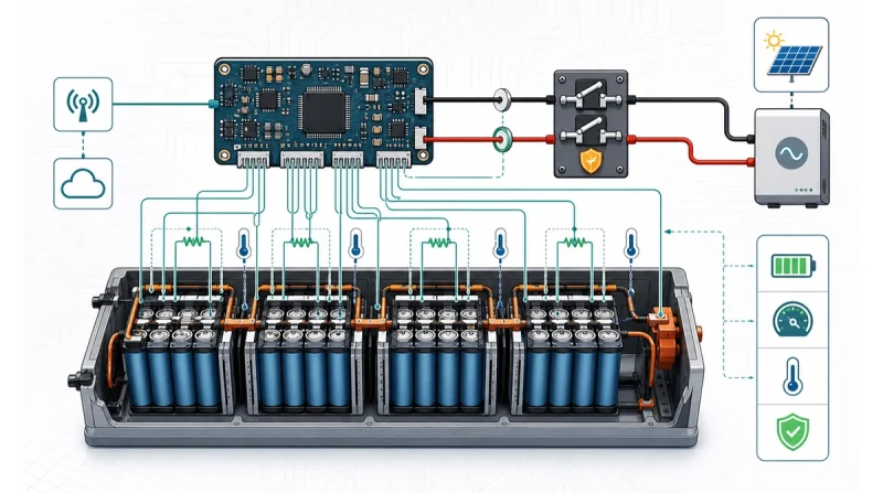 Battery management system block diagram showing a BMS board monitoring cell groups, temperature sensors, balancing circuits, protection contactors, communication, inverter connection, and battery status icons.