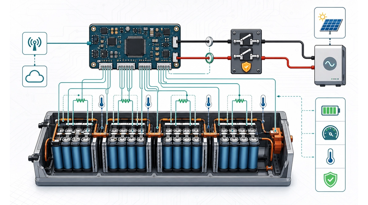 Battery management system block diagram showing a BMS board monitoring cell groups, temperature sensors, balancing circuits, protection contactors, communication, inverter connection, and battery status icons.