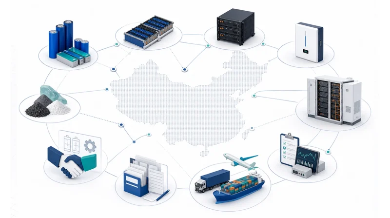 China lithium battery manufacturer landscape illustration with LFP cells, battery modules, rack batteries, wall-mounted storage, cabinet ESS, testing, documentation, export shipping, and OEM/ODM cooperation icons.