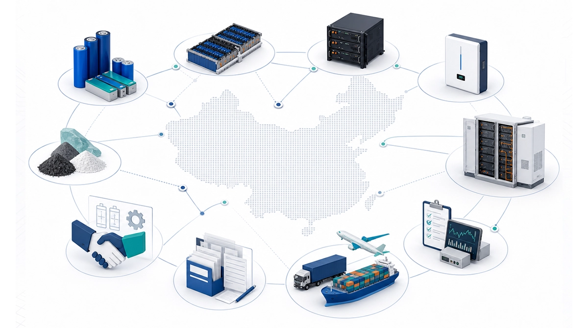 China lithium battery manufacturer landscape illustration with LFP cells, battery modules, rack batteries, wall-mounted storage, cabinet ESS, testing, documentation, export shipping, and OEM/ODM cooperation icons.