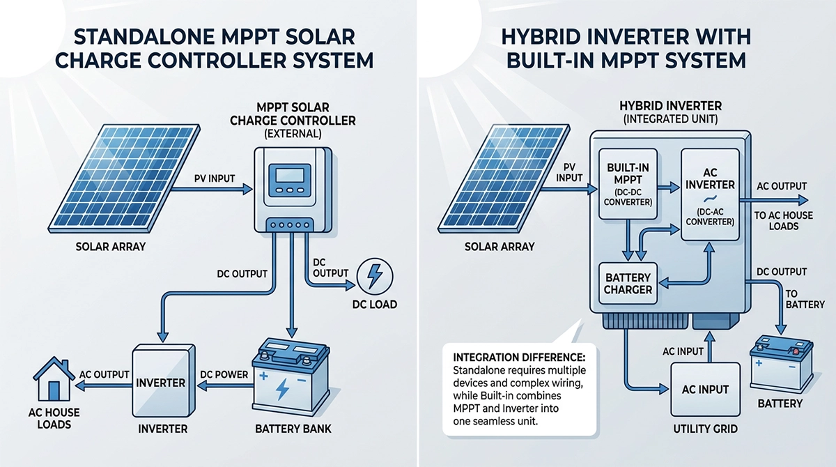 Standalone MPPT controller compared with inverter with built-in MPPT
