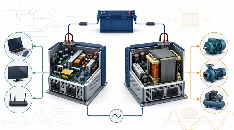 Side-by-side cutaway comparison of a compact high-frequency inverter with switching electronics and a low-frequency inverter with a large transformer, connected to different load examples.
