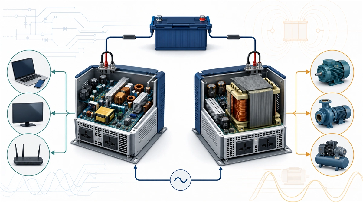 Side-by-side cutaway comparison of a compact high-frequency inverter with switching electronics and a low-frequency inverter with a large transformer, connected to different load examples.