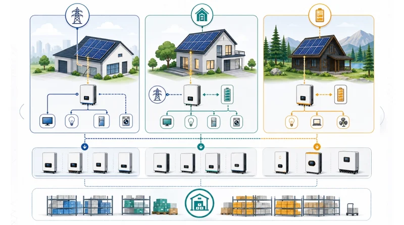 Residential solar inverter selection diagram comparing grid-tie, hybrid backup, and off-grid home scenarios with PV panels, batteries, loads, utility grid, and distributor SKU options.