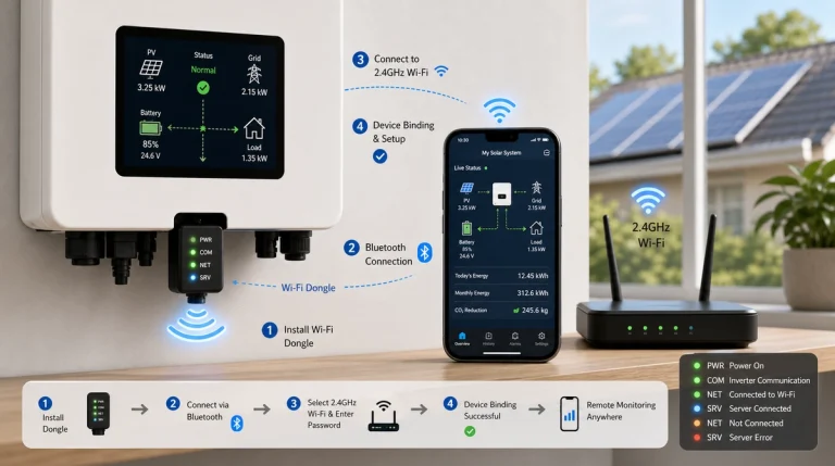 Solar inverter connected to a Wi-Fi dongle, smartphone monitoring app, and 2.4GHz router for remote solar system monitoring.