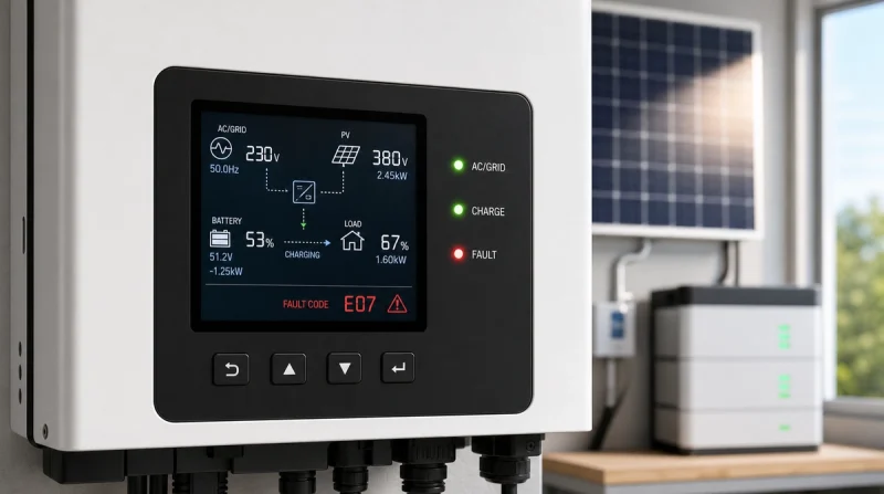 Close-up of a solar inverter display showing grid voltage, PV input, battery level, load percentage, and fault indicators.