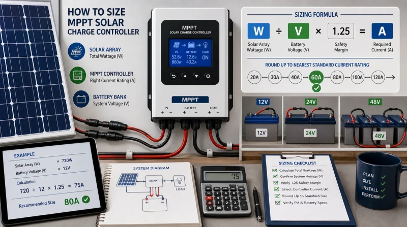 MPPT solar charge controller sizing guide showing solar array wattage, battery voltage, safety margin, and current rating selection.