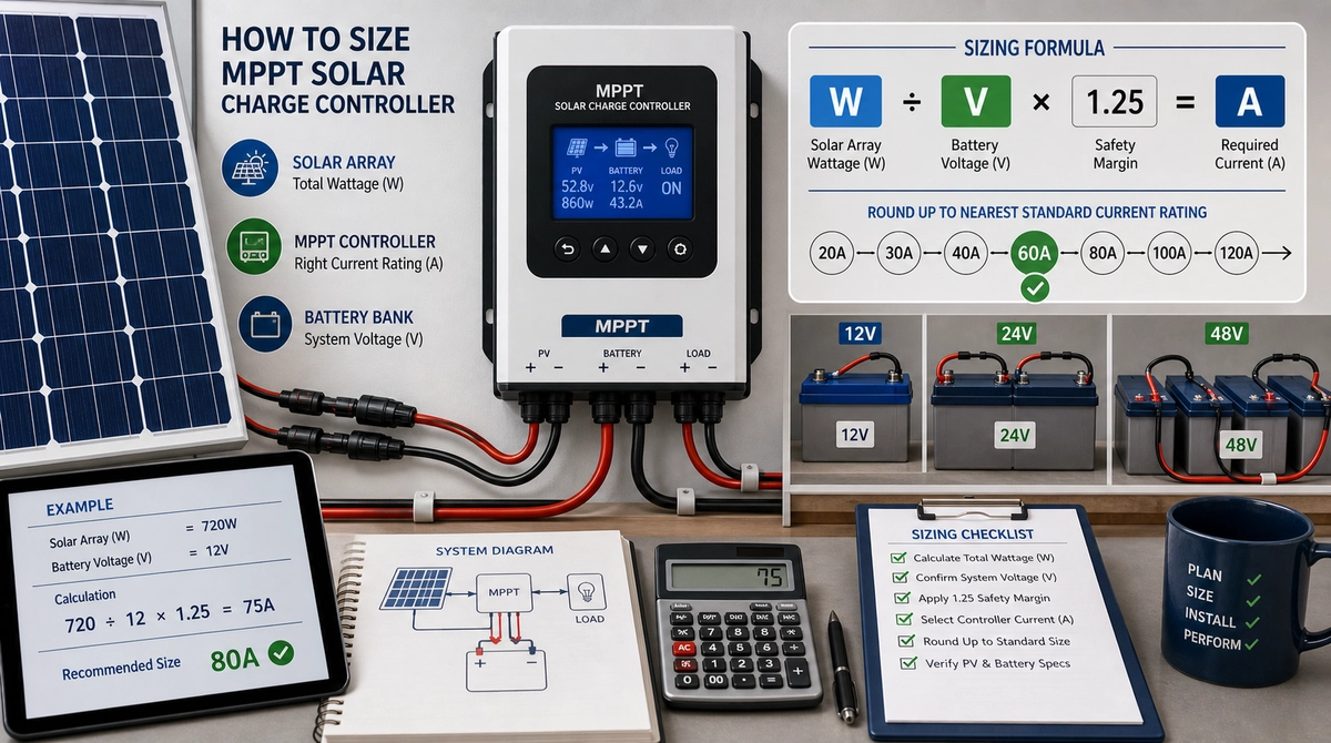 MPPT solar charge controller sizing guide showing solar array wattage, battery voltage, safety margin, and current rating selection.