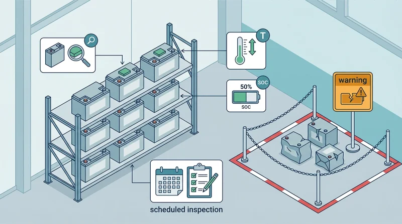 Warehouse checklist illustration showing lithium battery storage with SOC, temperature, inspection, terminal protection, and damaged-pack isolation.
