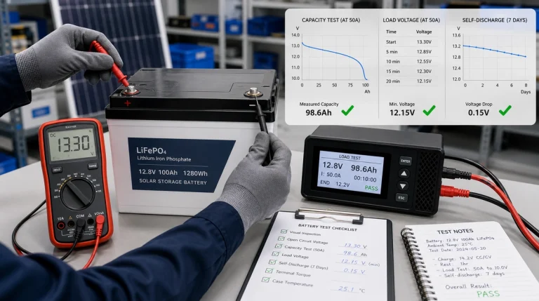 Lithium ion solar storage battery being tested with a digital multimeter, load tester, and capacity test charts.