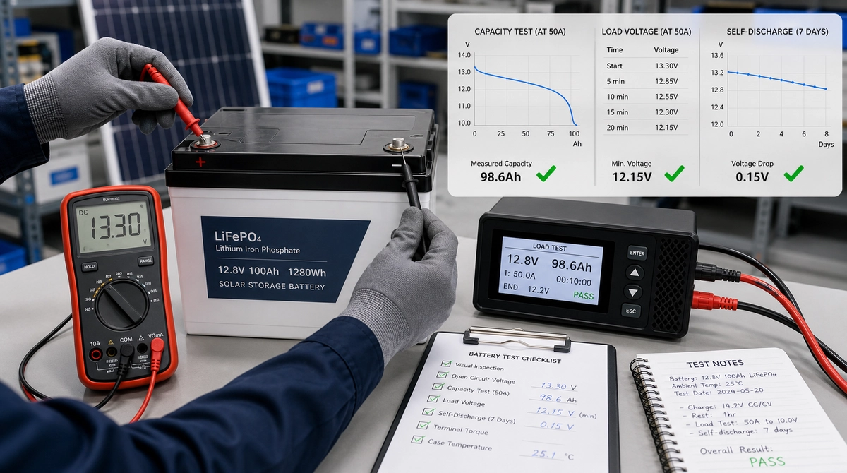 Lithium ion solar storage battery being tested with a digital multimeter, load tester, and capacity test charts.
