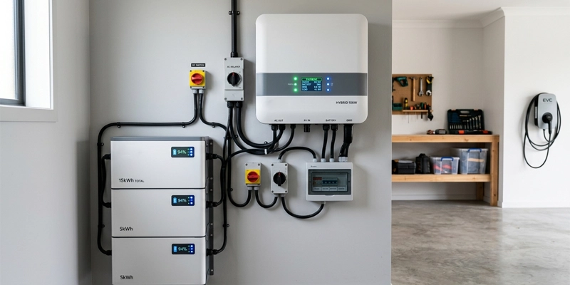 Hybrid solar inverter with battery storage system mounted on interior wall