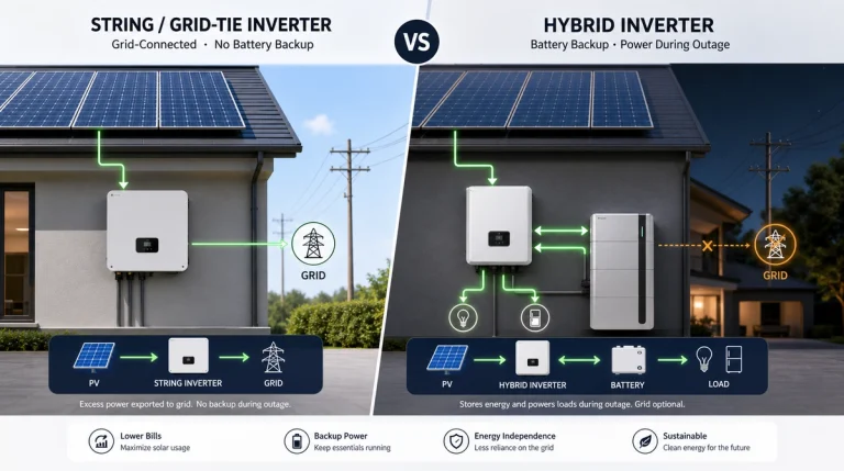 Side-by-side comparison of a grid-tie solar inverter system and a hybrid inverter system with battery backup.