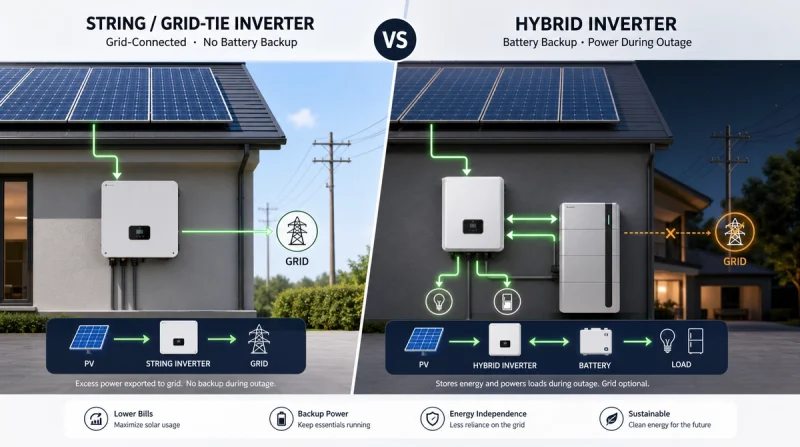 Side-by-side comparison of a grid-tie solar inverter system and a hybrid inverter system with battery backup.