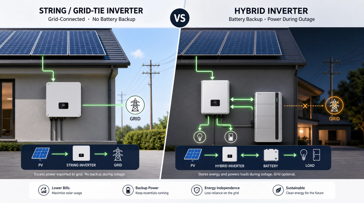Side-by-side comparison of a grid-tie solar inverter system and a hybrid inverter system with battery backup.