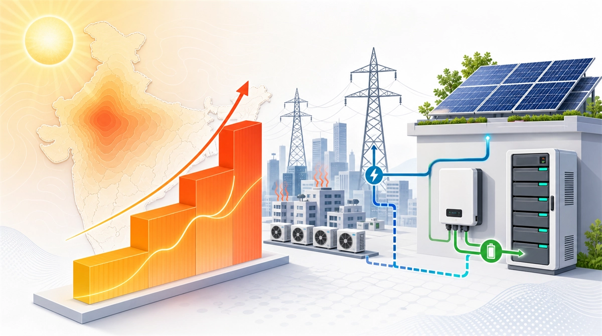 Concept illustration of India's heatwave-driven electricity demand rising beside a strained city grid, rooftop solar panels, a hybrid inverter, and battery storage supporting backup power.