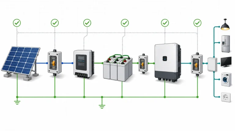 Generic inverter connection architecture showing a protected path from PV panels to a charge controller, battery bank, inverter, AC breaker, and essential loads, with grounding and commissioning checks.