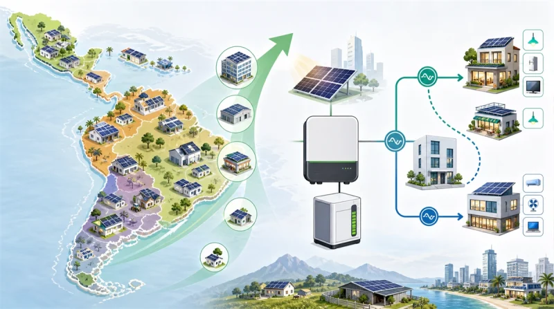 Latin America solar storage concept showing distributed rooftop solar growth across the region, a hybrid inverter and battery, and flexible power paths serving homes and small businesses.