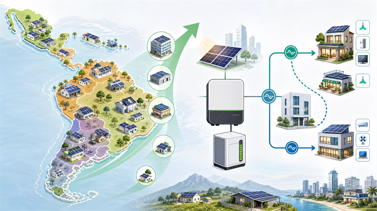 Latin America solar storage concept showing distributed rooftop solar growth across the region, a hybrid inverter and battery, and flexible power paths serving homes and small businesses.