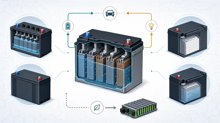 Educational cutaway illustration of a lead-acid battery with internal plate groups and electrolyte, surrounded by generic flooded, sealed, AGM, and gel battery forms.
