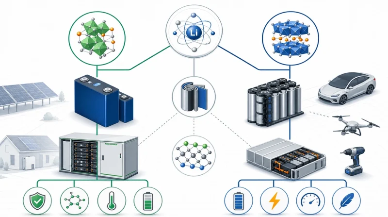 Educational comparison diagram showing LiFePO4 or LFP and NMC as different lithium-ion chemistry paths with storage and high-energy application icons.