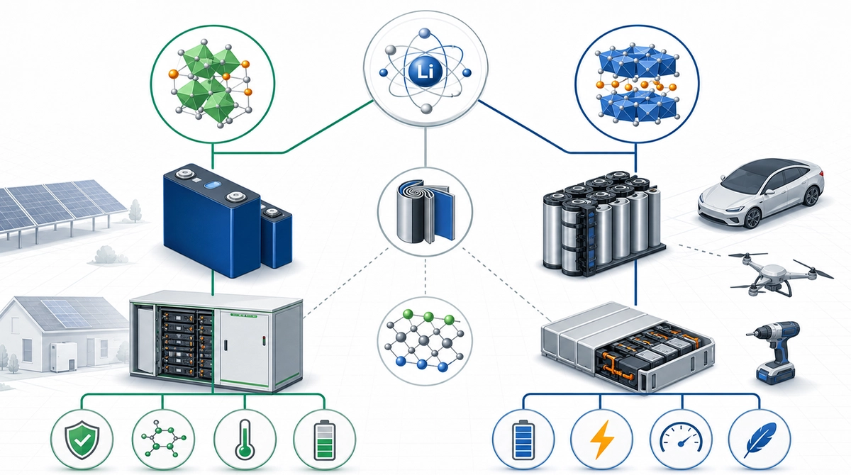 Educational comparison diagram showing LiFePO4 or LFP and NMC as different lithium-ion chemistry paths with storage and high-energy application icons.
