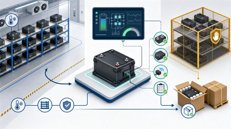 Distributor lithium battery maintenance workflow showing climate-controlled rack storage, BMS inspection, terminal and enclosure checks, recordkeeping, quarantine, and protective return packaging.