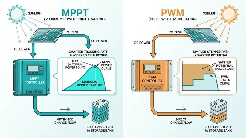 MPPT solar charge controller compared with PWM controller