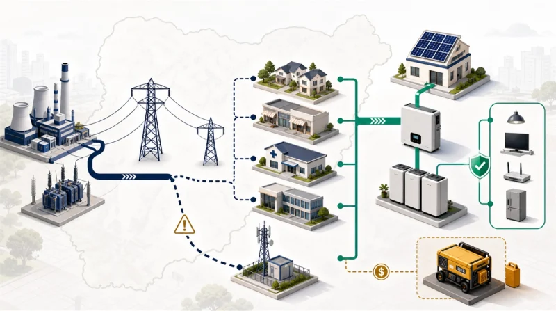 Nigeria backup power concept showing an incomplete grid supply path to homes, shops, a clinic, an office, and telecom infrastructure, alongside a solar inverter and battery backup path.