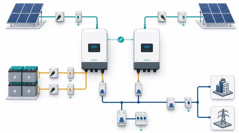 Generic parallel solar inverter architecture diagram showing two inverters linked by communication, protected DC inputs, PV inputs, AC output bus, breakers, battery bank, grid, and load connections.