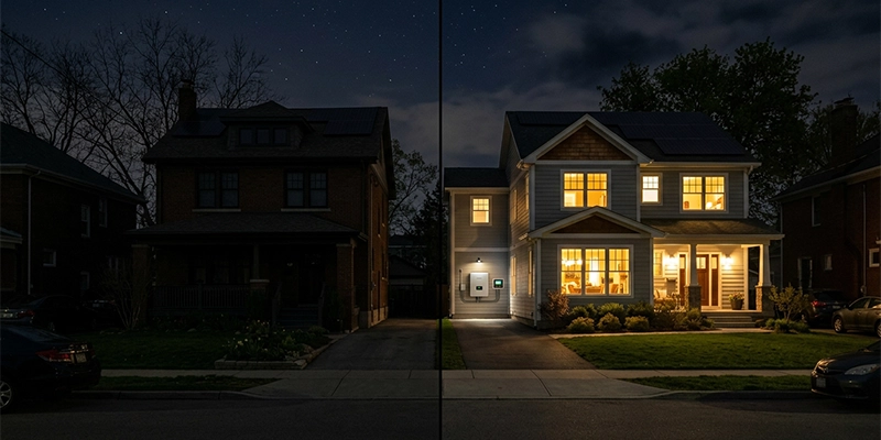 Split scene showing dark house with string inverter versus lit house with hybrid inverter during nighttime power outage
