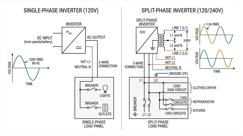 Single-phase inverter compared with split-phase 120/240V inverter