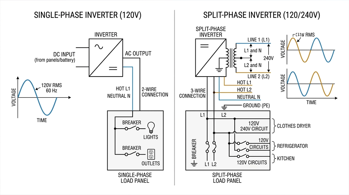 Single-phase inverter compared with split-phase 120/240V inverter