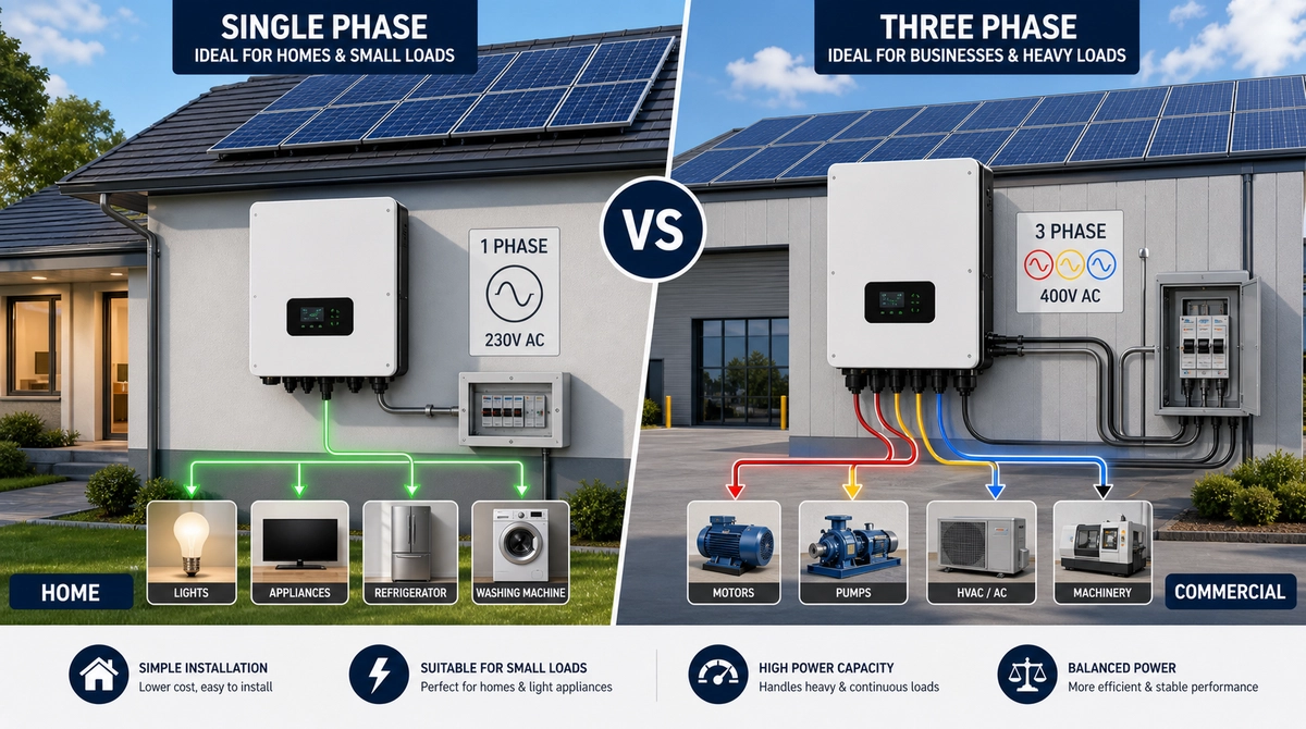 Side-by-side comparison of a single-phase solar inverter for home loads and a three-phase solar inverter for commercial heavy loads.