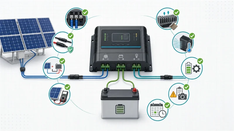 Solar charge controller maintenance concept showing PV, battery, and load connections with checks for terminals, polarity, cooling, temperature, battery settings, inspection timing, and fault records.