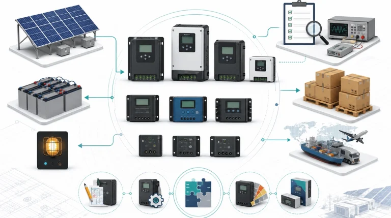 Solar charge controller manufacturer landscape illustration showing generic MPPT and PWM controllers, PV input, battery output, DC load, testing, distributor cartons, export logistics, and OEM/ODM cooperation icons.