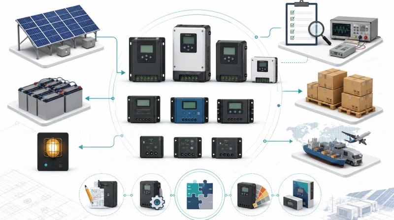 Solar charge controller manufacturer landscape illustration showing generic MPPT and PWM controllers, PV input, battery output, DC load, testing, distributor cartons, export logistics, and OEM/ODM cooperation icons.