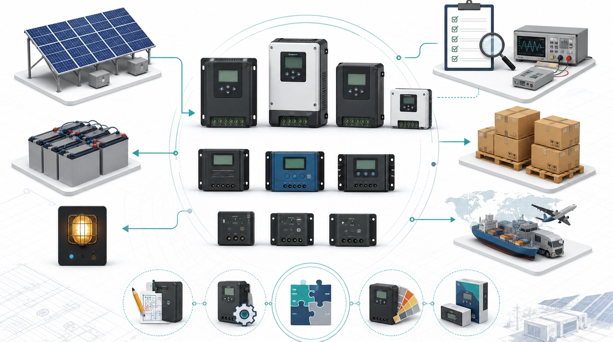Solar charge controller manufacturer landscape illustration showing generic MPPT and PWM controllers, PV input, battery output, DC load, testing, distributor cartons, export logistics, and OEM/ODM cooperation icons.