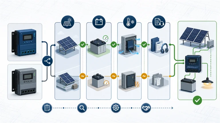 Solar charge controller selection workflow comparing generic MPPT and PWM options through PV sizing, battery compatibility, environmental conditions, documentation, and final system fit.