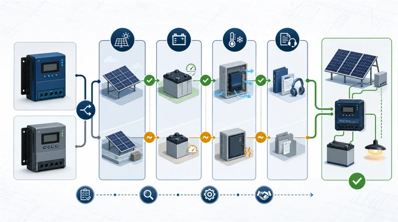 Solar charge controller selection workflow comparing generic MPPT and PWM options through PV sizing, battery compatibility, environmental conditions, documentation, and final system fit.