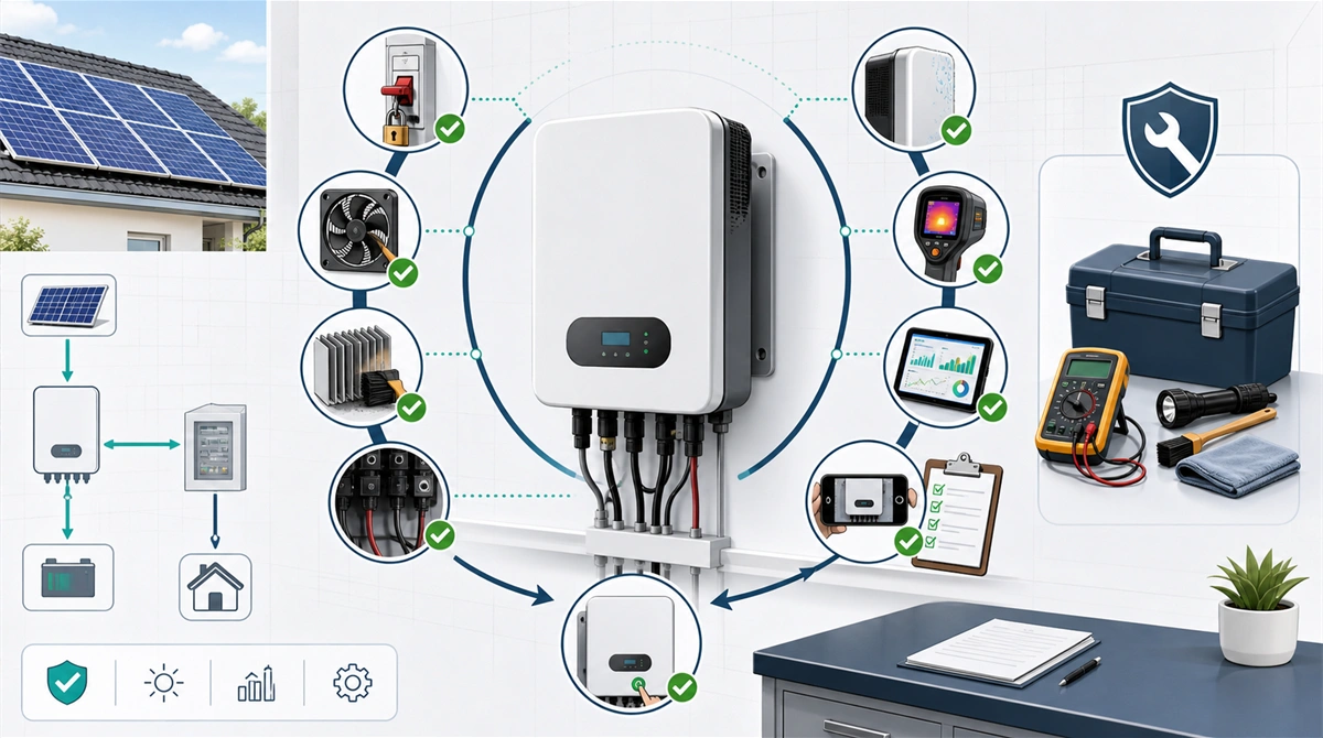 Solar inverter after-sales maintenance concept showing safe isolation, fan and heat-sink cleaning, terminal inspection, moisture and temperature checks, monitoring, fault evidence, and controlled restart.
