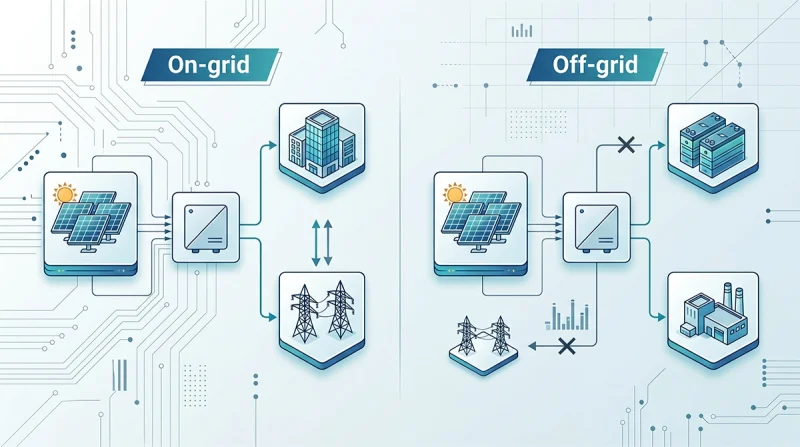Diagram comparing an on-grid solar inverter connected to utility power with an off-grid inverter connected to batteries and local loads.