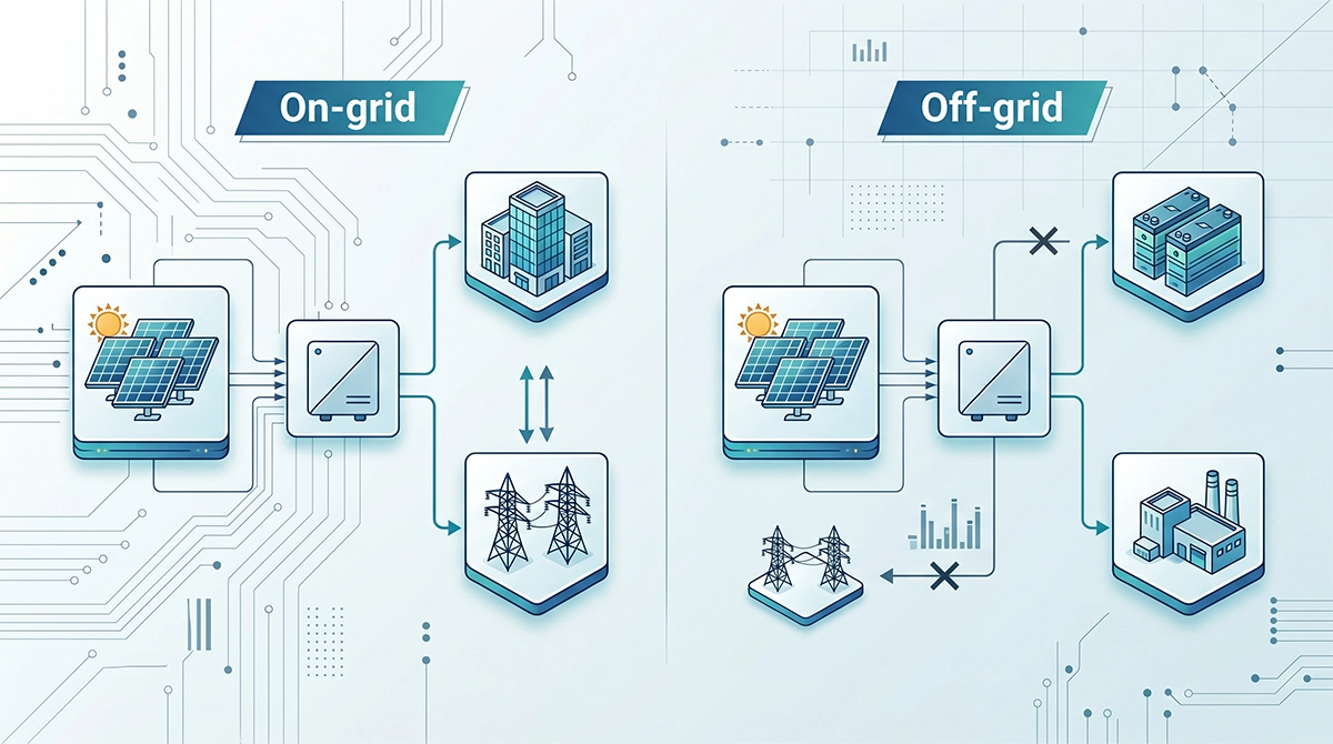 Diagram comparing an on-grid solar inverter connected to utility power with an off-grid inverter connected to batteries and local loads.
