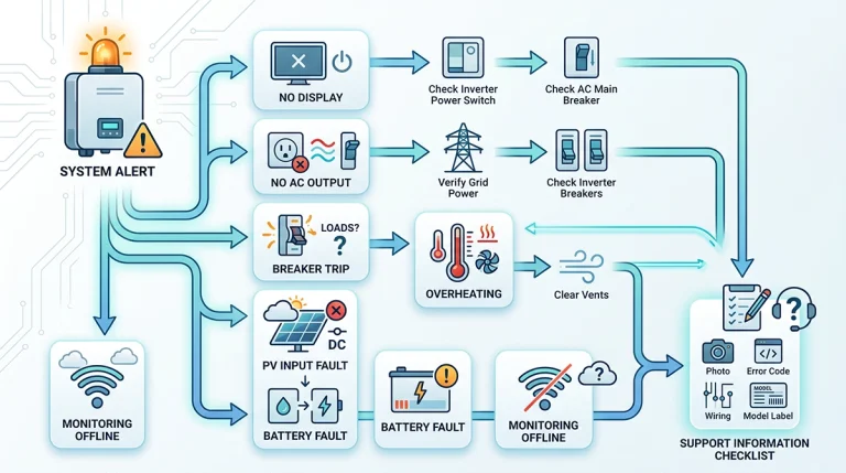 Troubleshooting flowchart showing common solar inverter symptoms such as no display, no AC output, breaker trips, overheating, PV faults, battery faults, and monitoring offline.