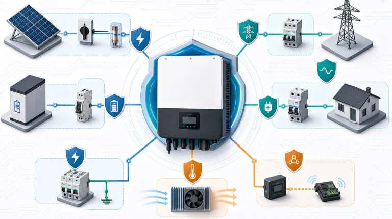 Solar inverter protection map with a central inverter connected to PV input protection, battery protection, AC output breakers, grid-side protection, surge protection, thermal control, and communication safeguards.